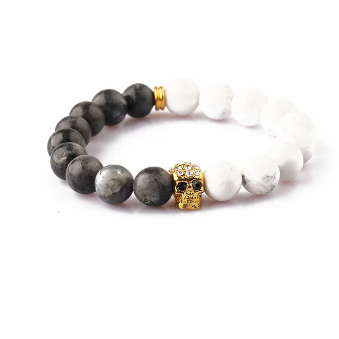 2018 Factory price fashion jewelry bulk natural black  labradorite and white stone bead skull men bracelet 