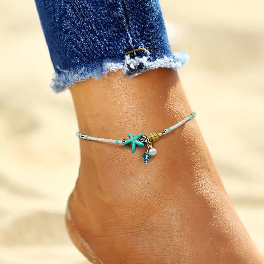 

Starfish Pendant Anklets 2019 For Women New Stone Beads Shell Anklet Bohemian Bracelets On Leg BOHO Ocean Jewelry Anklet, Sliver