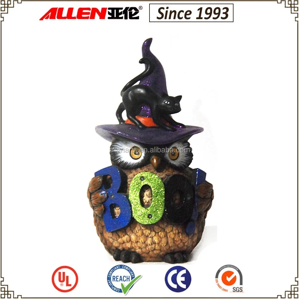 11.4" wearing witch hat owl resin sculpture led, holding boo letter owl statue, owl with black cat statue