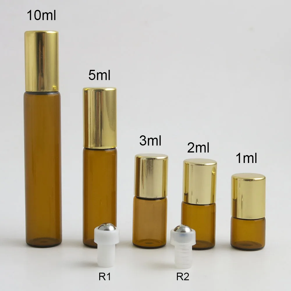 空1毫升 2毫升 3毫升 5毫升 10毫升琥珀玻璃精油滚球瓶与紫外线金铝盖