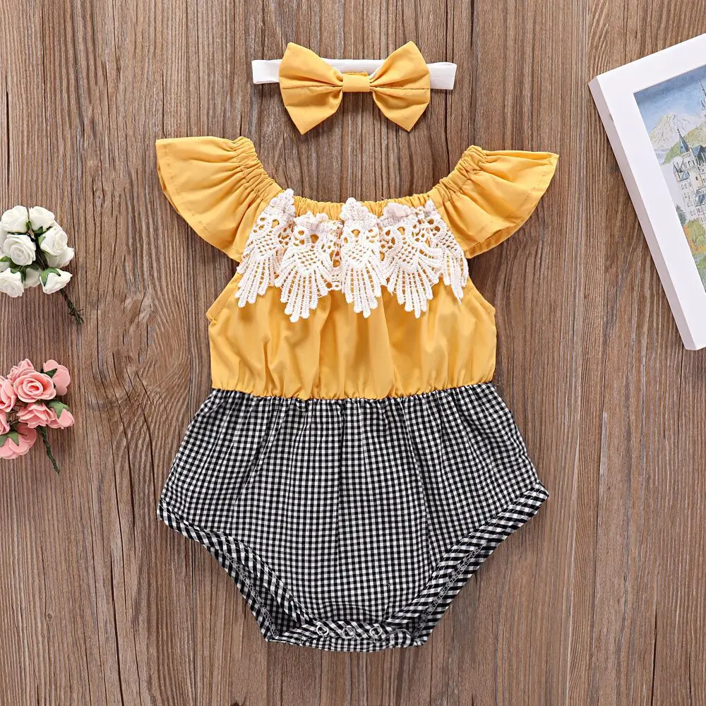 

Baby Summer Clothing Infant Off-shoulder Ruffle Yellow and Plaid Patchwork Playsuit and Headbands 2 pc Toddler Fashion Outfit, As photos