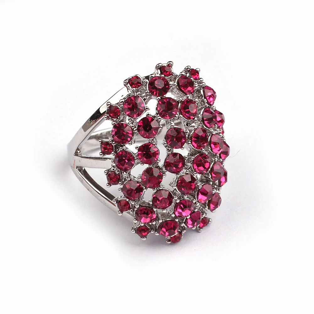 Latest Design rhodium plated dome paved crystal fuchsia rose Ring