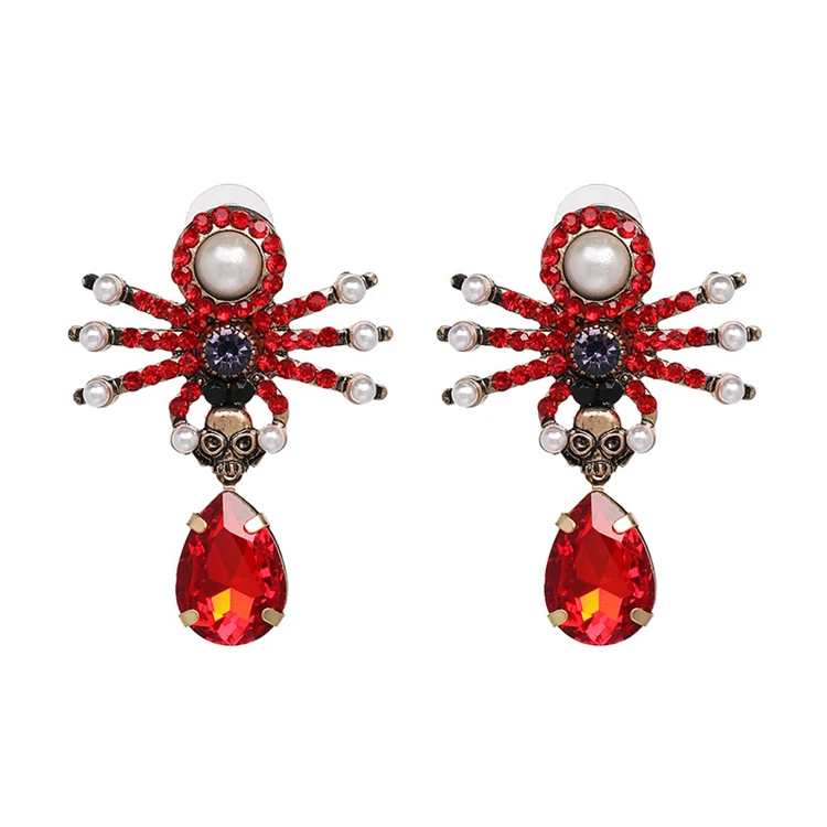 Hypoallergenic Vintage Style Pearl Rhinestone Skull Spider Earrings With Red Teardrop Crystal Pendant Earrings, As picture 
Hypoallergenic Vintage Style Pearl Rhinestone Skull Spider Earrings With Red Teardrop Crystal Pendant Earrings, As picture