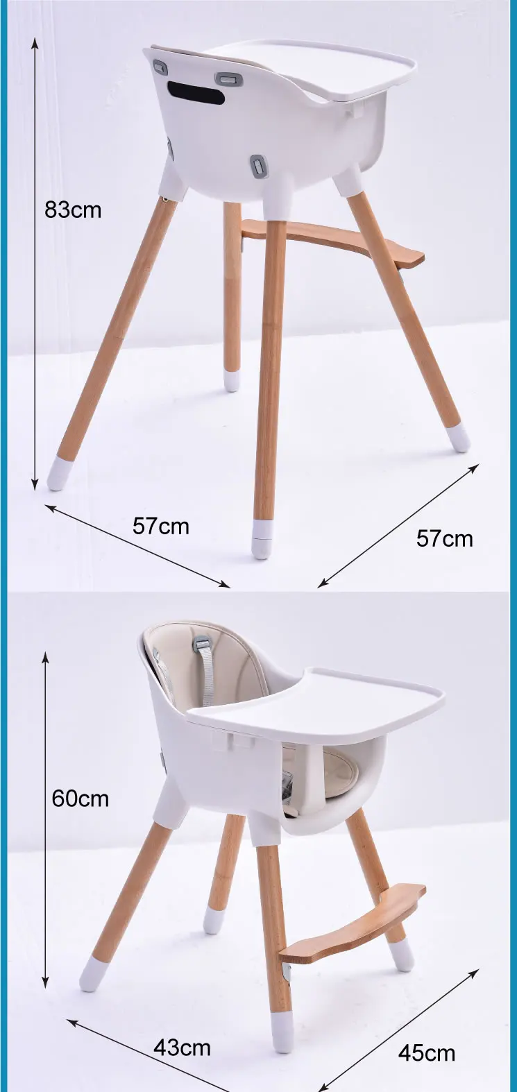 MH242 Baby High Chair Wooden High Chair with Removable Tray and Adjustable Legs for Baby Infants Toddlers
