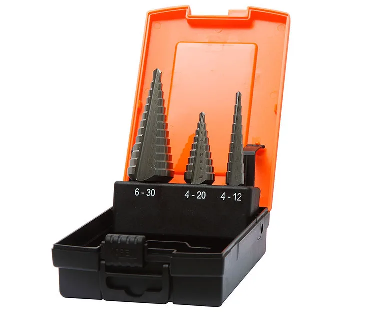 3Pcs Metric Black Oxide Three Flats Shank HSS Straight Flute Step Drill Bit Set for Sheet Drilling in Plastic Box