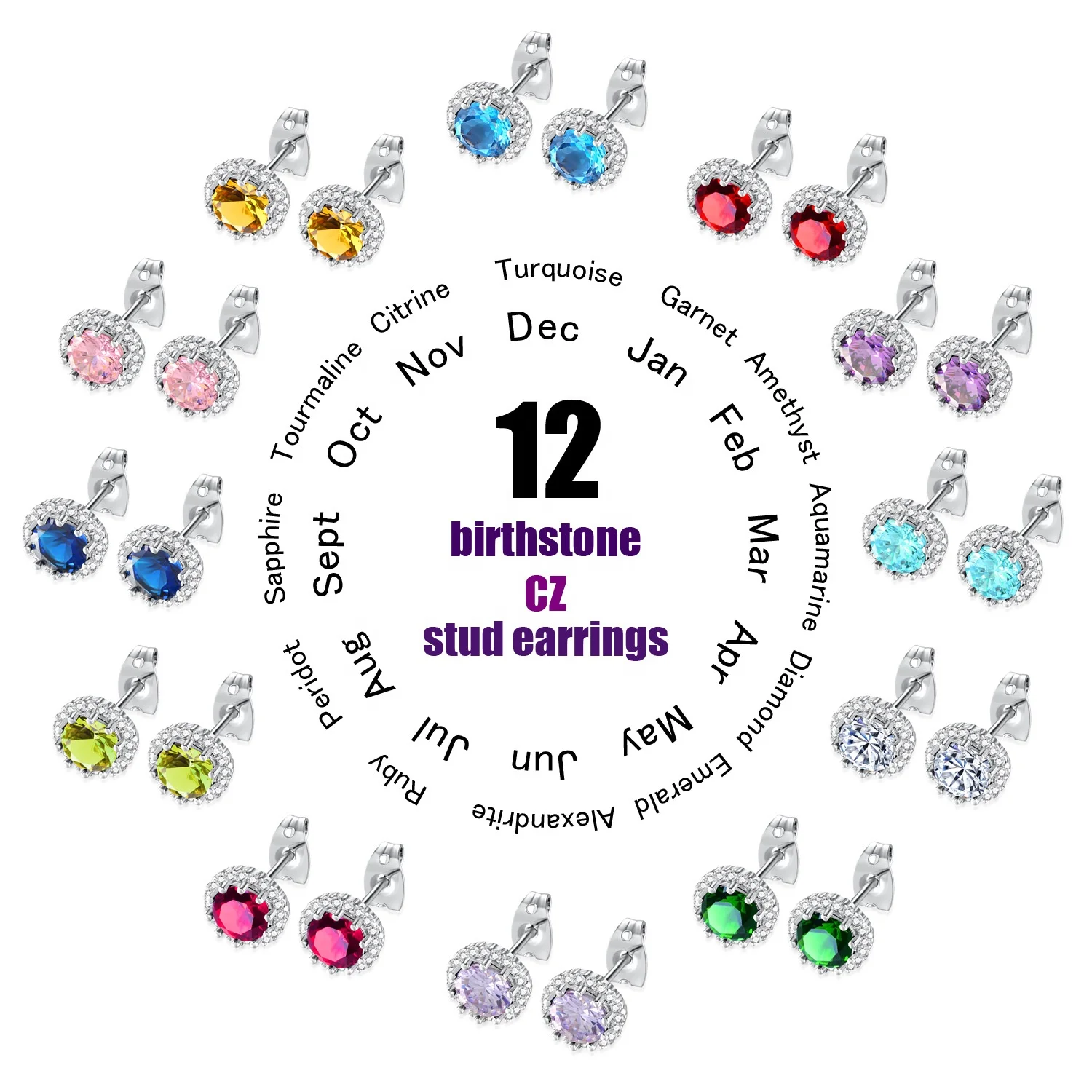 European and American Wholesale Colorful Round Zircon Stud Earrings 12 Birthstone Jewelry Earrings
European and American Wholesale Colorful Round Zircon Stud Earrings 12 Birthstone Jewelry Earrings