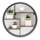 Customized Home Decor Accessories Black Round Metal And Wooden Wall Mount Hanging Shelf For Living Room