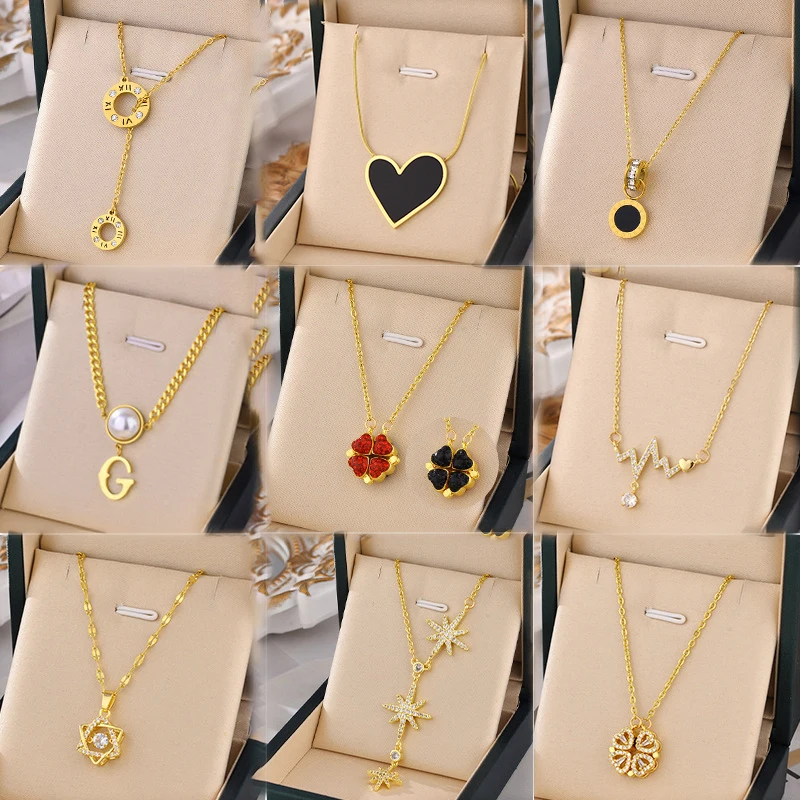 

Trendy Non Tarnish 316 Stainless Steel 18k Gold Pearl Zircon Clover Heart Pendant Necklace Women Butterfly Letter Necklace Gift