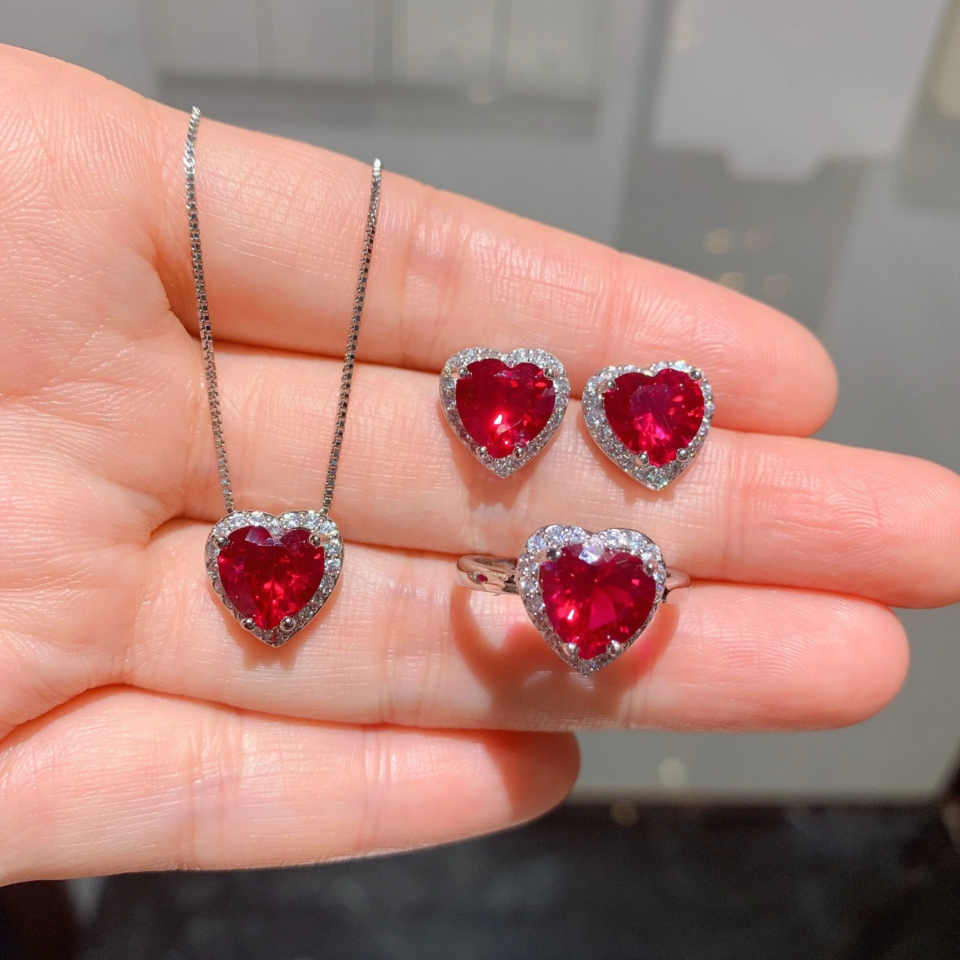 Heart-Shape Gemstone Pendant Necklace Earrings Ring Charms Ruby Stone Diamond Wedding Jewelry Set for Women, Customized color
Heart-Shape Gemstone Pendant Necklace Earrings Ring Charms Ruby Stone Diamond Wedding Jewelry Set for Women, Customized color