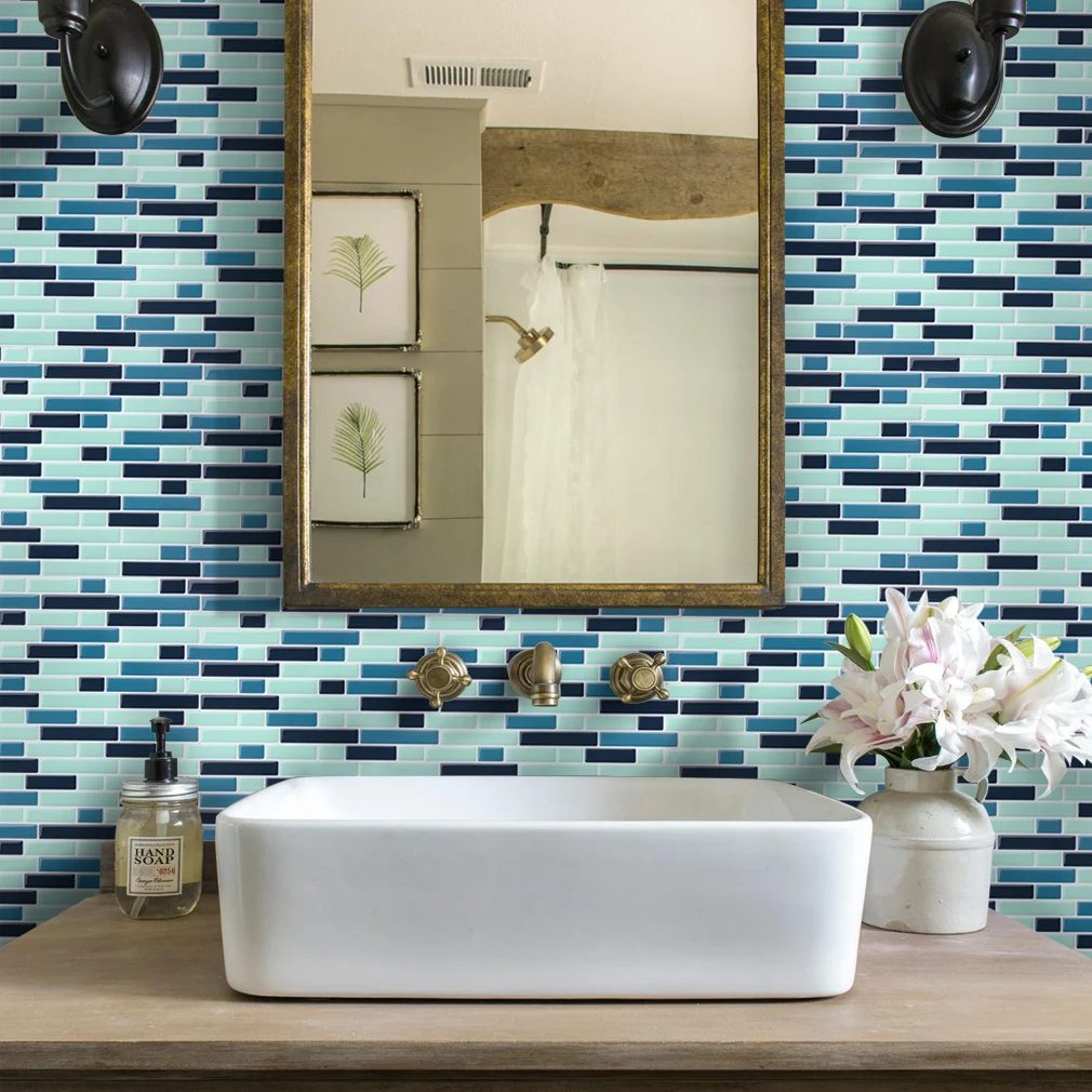 Mostic Waterproof Wall Brick 3d tiles Wallpaper Green Grey White Mixed and Stick Tiles for Bathroom or living room or bedroom