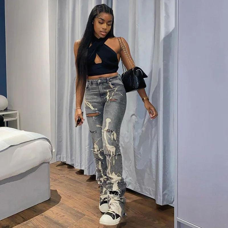 X00689V print straight cut ripped casual streetwear jeans with high waists and slimming, Purple
X00689V print straight cut ripped casual streetwear jeans with high waists and slimming, Purple