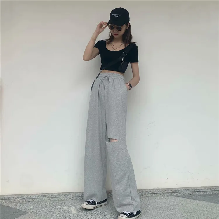 High Waist Casual Solid Color Ripped Pants For Women Loose Wide Leg Women's Pants With Hole, Customized color
High Waist Casual Solid Color Ripped Pants For Women Loose Wide Leg Women's Pants With Hole, Customized color
