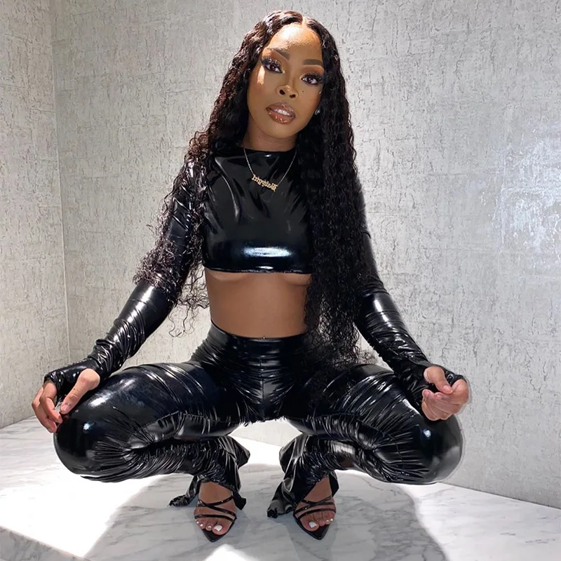 New Style Pu Leather Women Set 2021 Piled Pile Trousers With Open Ends And Long-Sleeved Black Stacked Pants Two Piece Set, Picture color
New Style Pu Leather Women Set 2021 Piled Pile Trousers With Open Ends And Long-Sleeved Black Stacked Pants Two Piece Set, Picture color