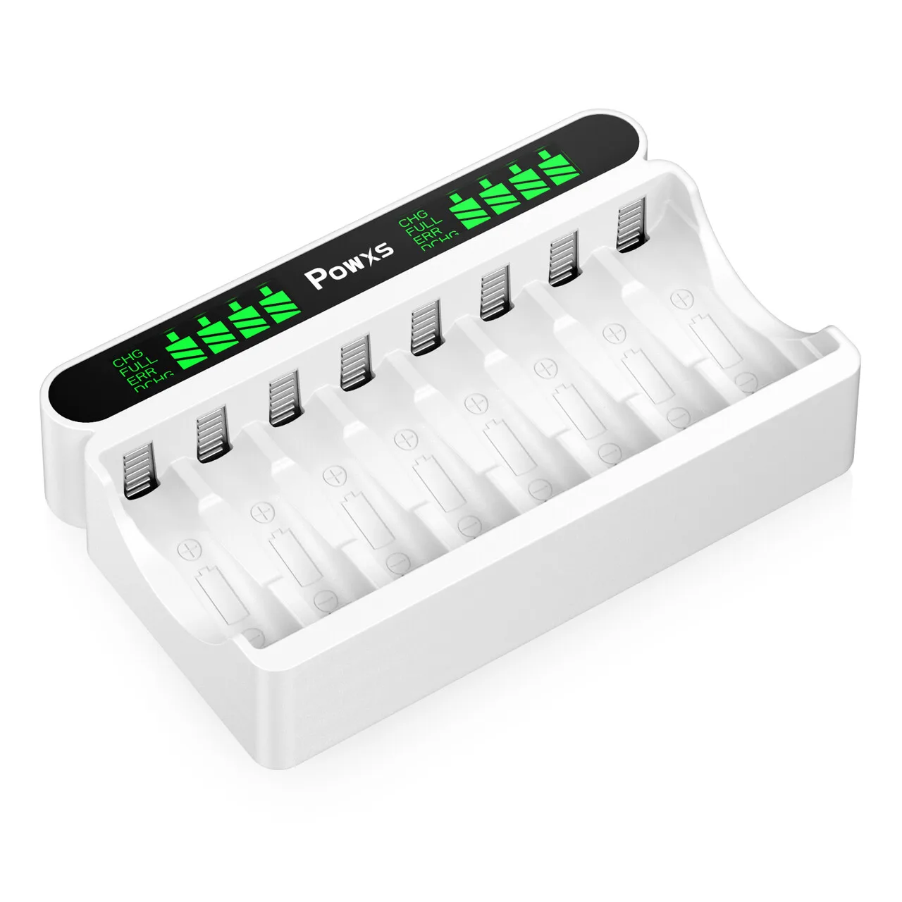 POWXS New LCD Screen 8 slots Portable Battery Charger with Typc and Micro USB input For AA/AAA rechargeable batteries, White 
POWXS New LCD Screen 8 slots Portable Battery Charger with Typc and Micro USB input For AA/AAA rechargeable batteries, White