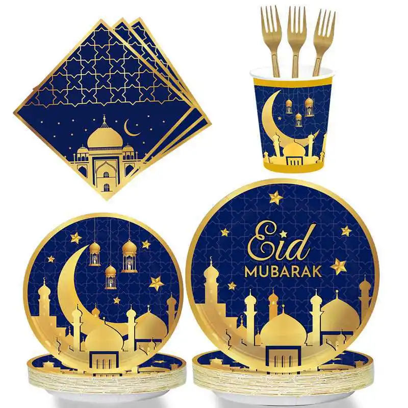 New Middle East Festival Blue Gold Party Tableware Table Decorations Eid Mubarak Disposable Paper Tray Paper Cup Party Set
New Middle East Festival Blue Gold Party Tableware Table Decorations Eid Mubarak Disposable Paper Tray Paper Cup Party Set