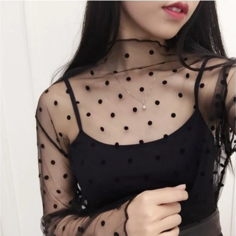 Lady Sexy Mesh Blouse Women Tops Long Sleeve Stand Collar Female Casual Polka Dot Star Shirt Transparent Elegant Tees Hollow Out
Lady Sexy Mesh Blouse Women Tops Long Sleeve Stand Collar Female Casual Polka Dot Star Shirt Transparent Elegant Tees Hollow Out