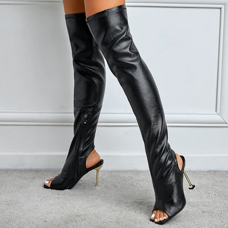 

INS Winter Long Boots Peep Toe Over The Knee Boots Zipper Thigh High Boots Ladies Metal Thin High Heel Footwear Shoes Size 35-42