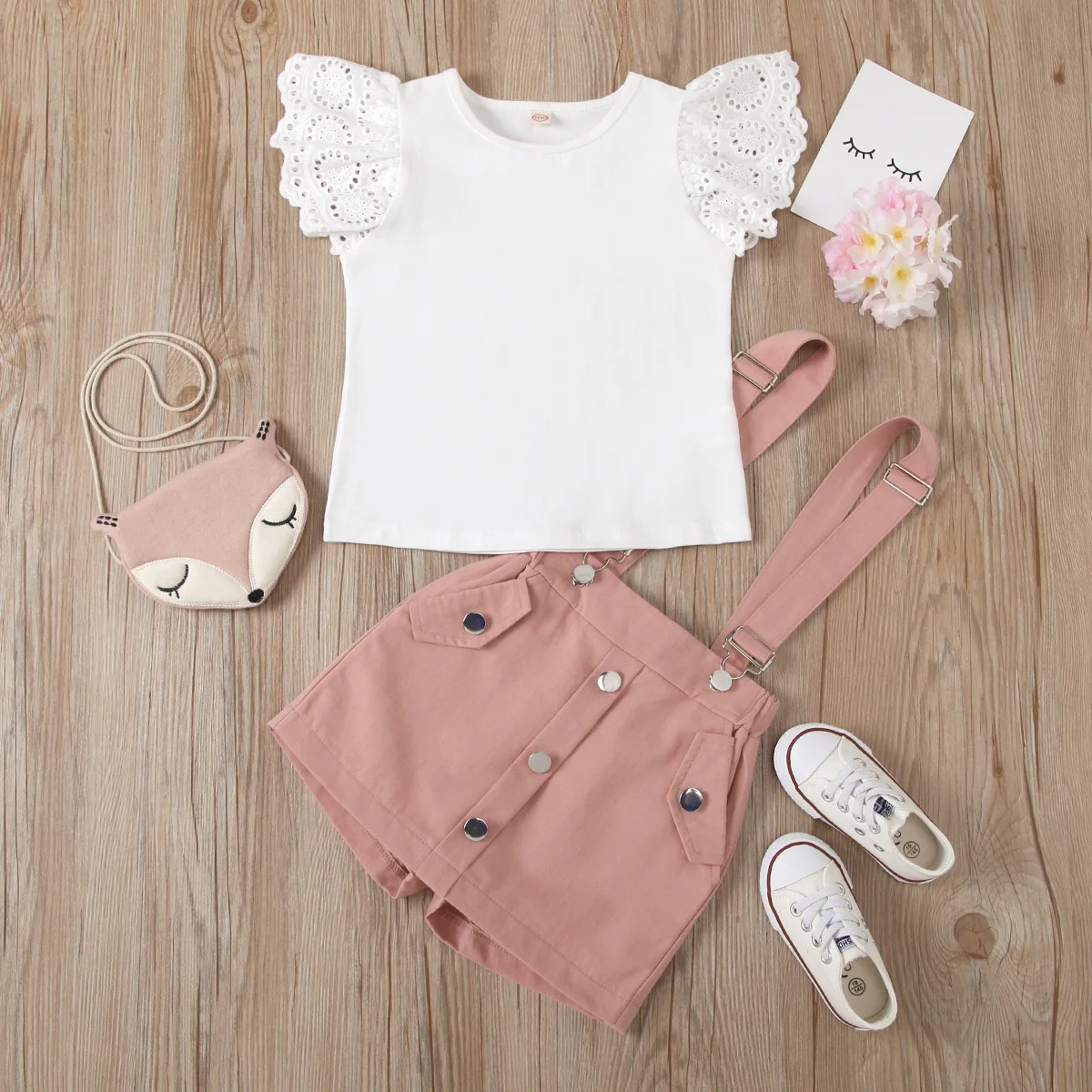 

Wholesale Summer Kids Clothing Hollow Lace Flying Sleeve Top Suspender Shorts Clothes Set Cute Girl Outfits, Photo showed and customized color