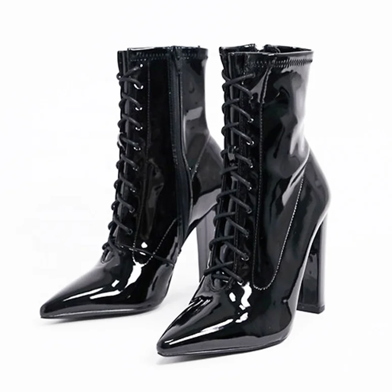 Front Lace Up Mirror Upper Solid Pointed Toe Women Ankle Boots Fashion Side Zip Chunky Heel Short Booties Big Size 46 For Ladies, Black
Front Lace Up Mirror Upper Solid Pointed Toe Women Ankle Boots Fashion Side Zip Chunky Heel Short Booties Big Size 46 For Ladies, Black