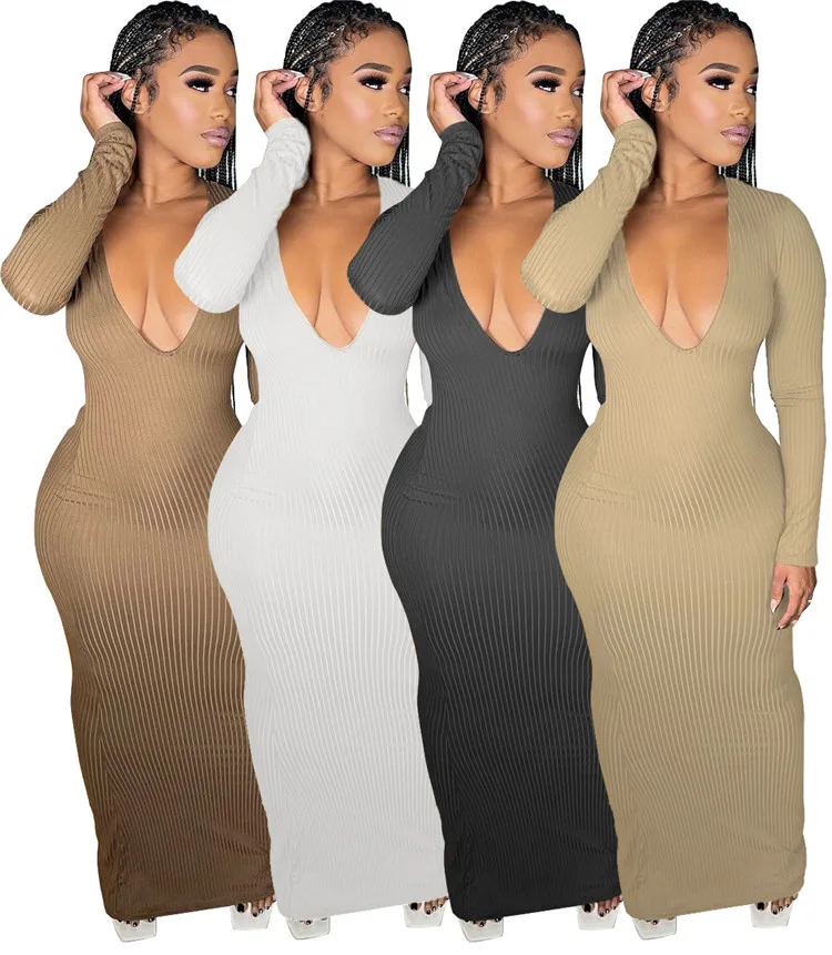 High Quality Ladies Casual Bodycon Dress Long Sleeve Deep V Neck Ribbed Winter Women Maxi Dresses, Picture color
High Quality Ladies Casual Bodycon Dress Long Sleeve Deep V Neck Ribbed Winter Women Maxi Dresses, Picture color