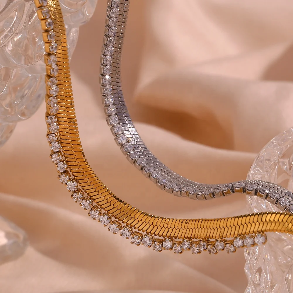 

Water Proof Jewelry PVD Gold Plated Stainless Steel Chain Necklace Zircon Choker Necklace bijoux en acier inoxydable