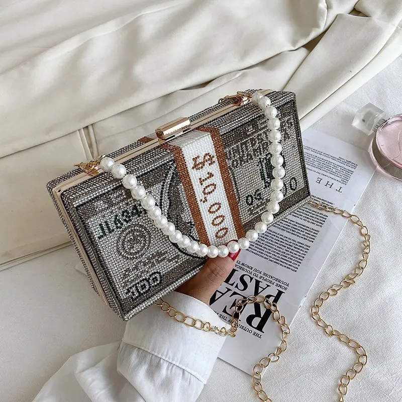 High Quality Glitter Cute Rhinestone Women Handbags Girls US Dollar Crystal Clutch Shoulder Purses with Pearl Strap, Customizable
High Quality Glitter Cute Rhinestone Women Handbags Girls US Dollar Crystal Clutch Shoulder Purses with Pearl Strap, Customizable