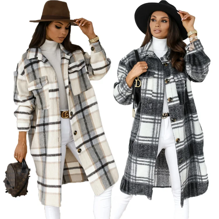 D96186 woman clothes 2021 casual turn-down collar plaid long sleeve warm winter long coat with button
D96186 woman clothes 2021 casual turn-down collar plaid long sleeve warm winter long coat with button