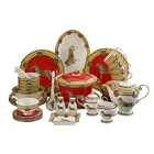 Hot sell bone china gold rim deep red decal dinnerware fine porcelain dinnerware sets
