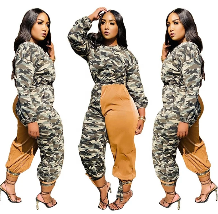 B64047A European and American cross-border women's street camouflage long sleeve jacket + double color overalls pant set, As picture 
B64047A European and American cross-border women's street camouflage long sleeve jacket + double color overalls pant set, As picture
