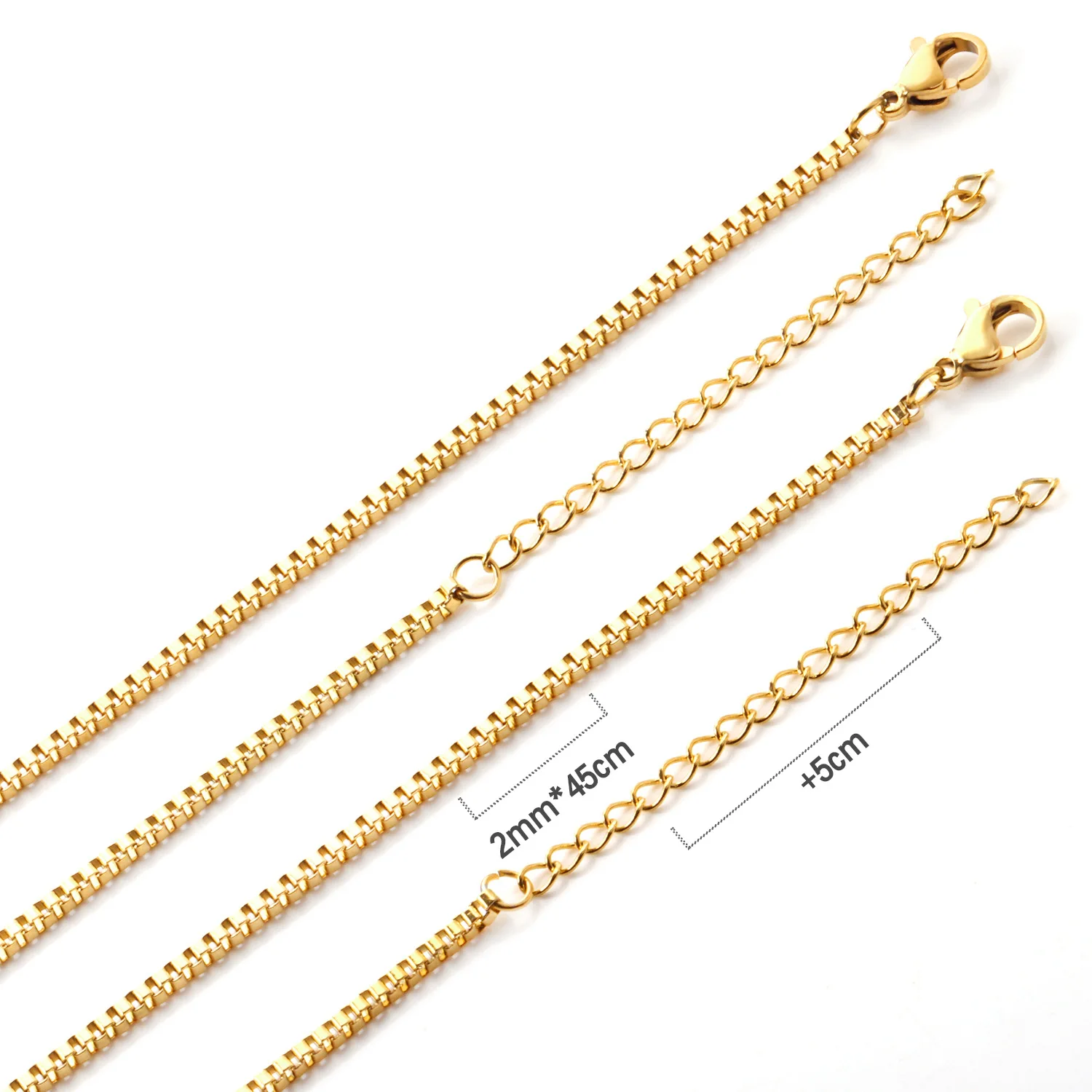Wholesale high quality 2 mm square gold plated necklace stainless steel box chain, Steel, golden
Wholesale high quality 2 mm square gold plated necklace stainless steel box chain, Steel, golden
