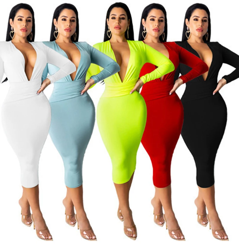 Fashion Solid Color Women Dress Clothing 2021 New Arrivals Sexy Deep V Neck Bodycon Long Sleeve Middle Dress For Women, Customized color
Fashion Solid Color Women Dress Clothing 2021 New Arrivals Sexy Deep V Neck Bodycon Long Sleeve Middle Dress For Women, Customized color