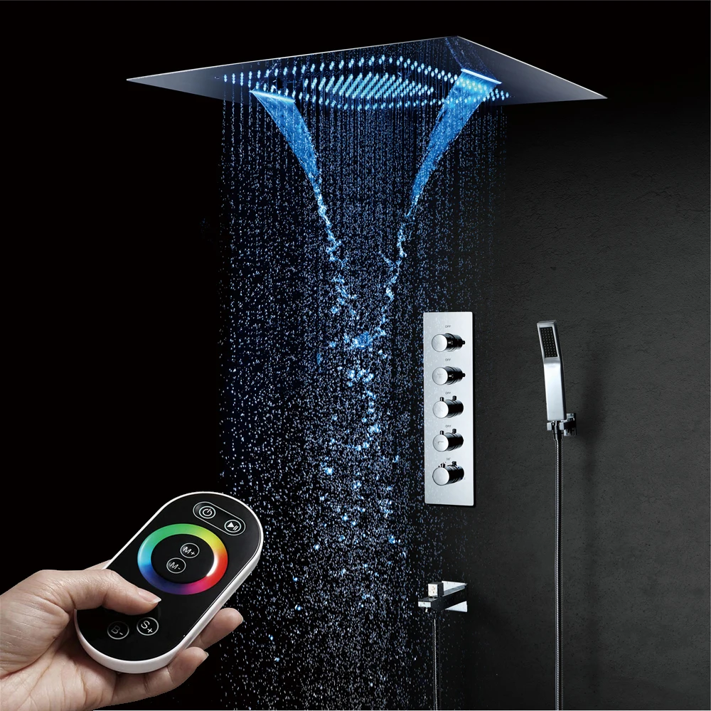 60 × 80 センチメートルステンレス Led シャワーヘッド降雨滝霧天井マウント浴室サーモスタットシャワー蛇口