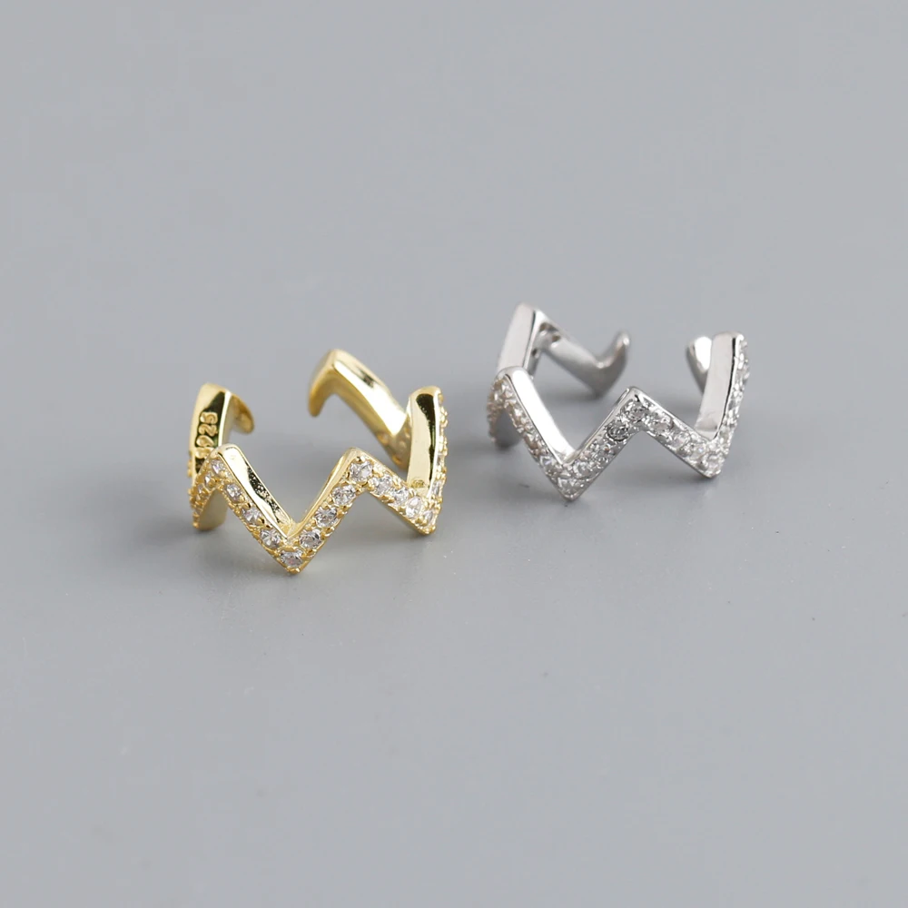 

Fashion 925 Sterling Silver shiny cz diamond gold plated curve shape ear cuff earrings jewelry for women