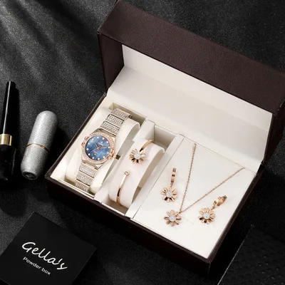High quality fashion girls women gift bracelet gold daisy flower earrings necklaces 4pcs diamond watch set, As pic
High quality fashion girls women gift bracelet gold daisy flower earrings necklaces 4pcs diamond watch set, As pic