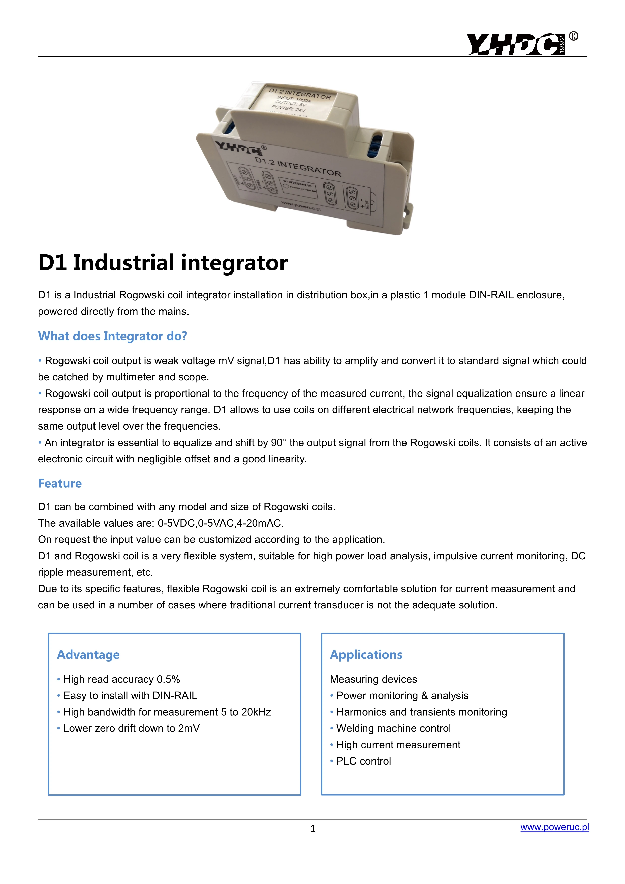 Rogowski coil Integrator D1.2 Rated input 100A 600A 1000A 3000A 6000A Rated output 4V