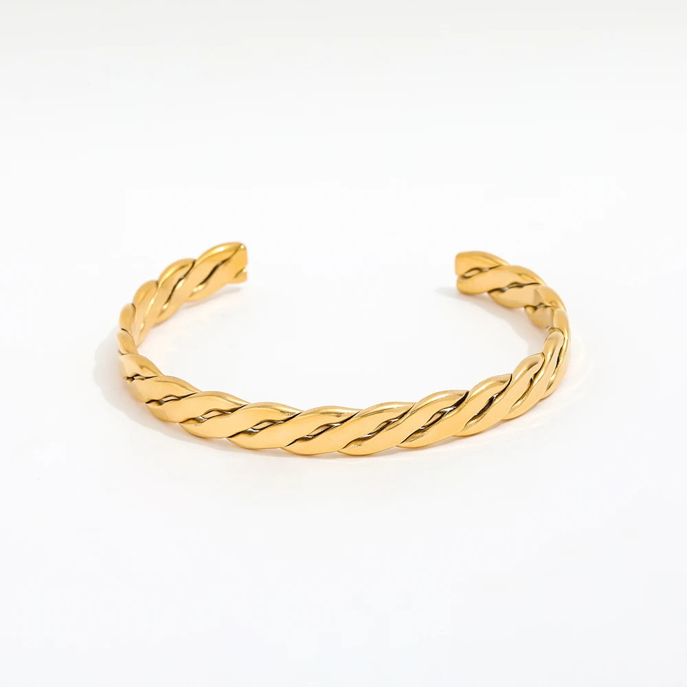 

High End 18k PVD Gold Plated Stainless Steel Flat Band Rope Cuff Bracelet for Women Wholesale Jewelry