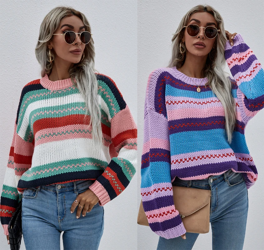 wholesale factory price plus size color block rainbow striped sweater crew neck women knitted sweater
wholesale factory price plus size color block rainbow striped sweater crew neck women knitted sweater