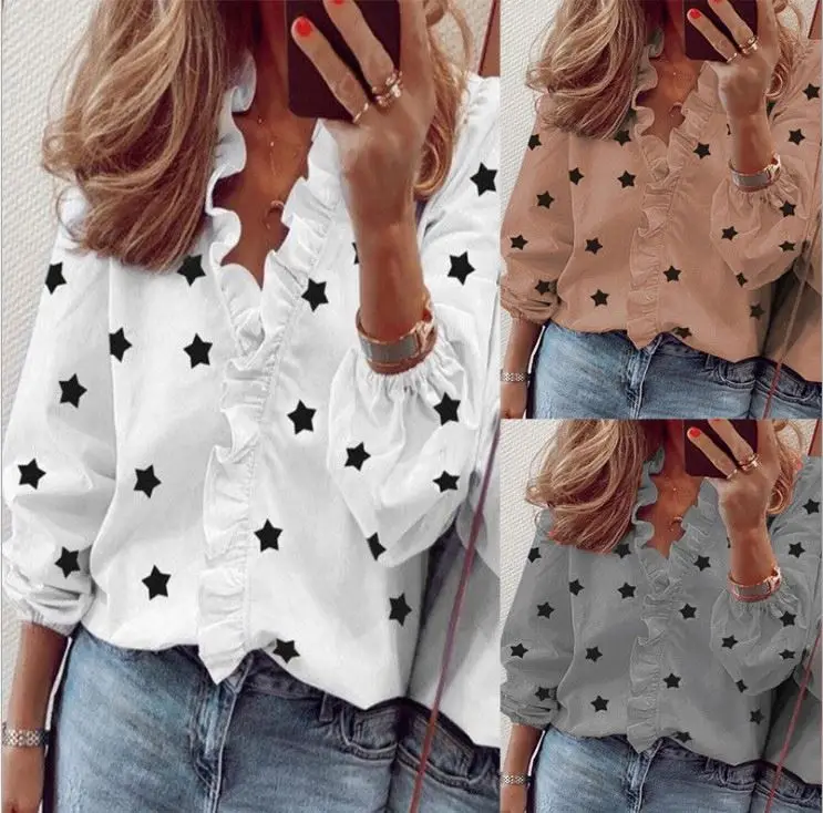 Autumn New Hot Selling Women Fashion Boutique Clothing Sweet V-neck Black Star Printed Ruffles Long Sleeves Women Blouse, Shown
Autumn New Hot Selling Women Fashion Boutique Clothing Sweet V-neck Black Star Printed Ruffles Long Sleeves Women Blouse, Shown