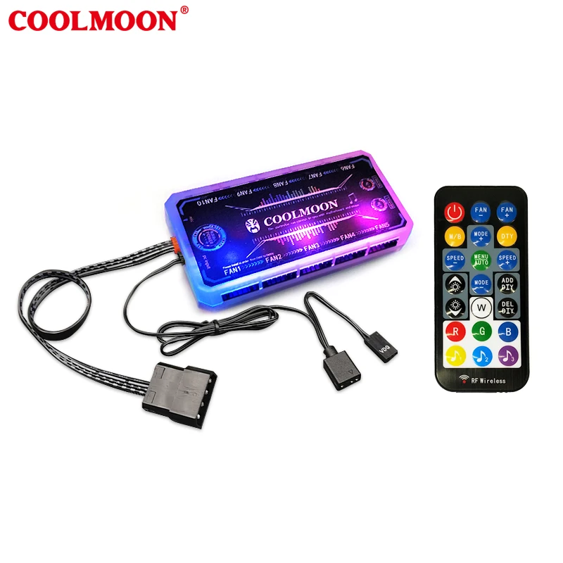 COOLMOON Computer case fan LED HUB with remote ARGB music controller Fan light flashes with the rhythm of the music
COOLMOON Computer case fan LED HUB with remote ARGB music controller Fan light flashes with the rhythm of the music