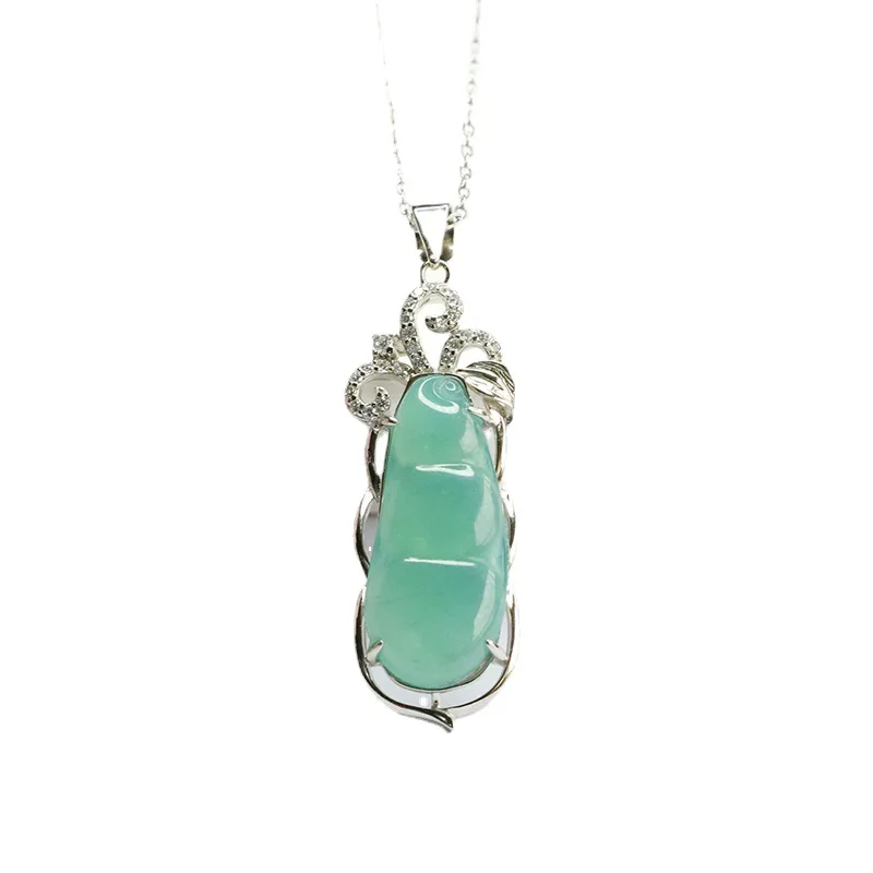 

S925 Silver Inlay Natural Emerald Pendant Ice-Like Blue Water Sauteed Green Beans Necklace Factory Wholesale FC3041409