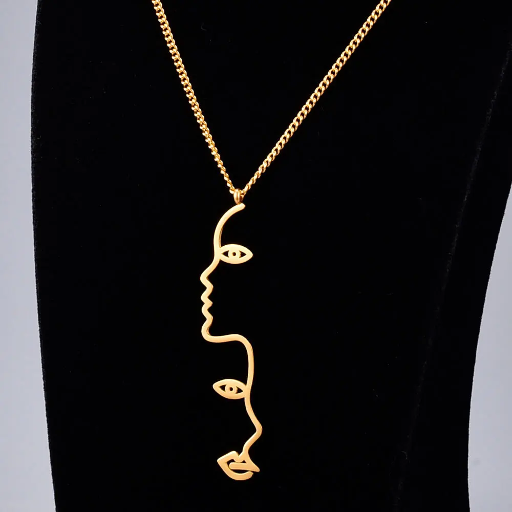 European Fashion 18K Gold Plated Hollow Face Lip Pendant Necklace Titanium Steel Abstract Woman Face Sweater Necklace
European Fashion 18K Gold Plated Hollow Face Lip Pendant Necklace Titanium Steel Abstract Woman Face Sweater Necklace