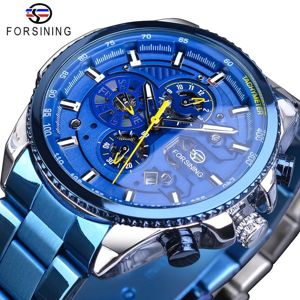 

Forsining Mens Automatic Watch Blue Steel Band Calendar 3 Sub Dial Wristwatch Mechanical Waterproof Male Clock Relogio Masculino, 13-colors