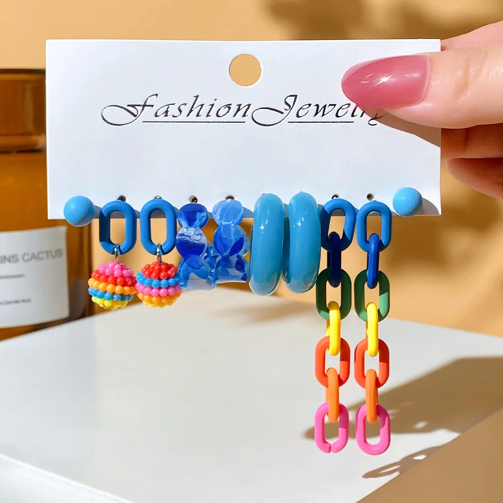 

Fashion Acrylic Candy Color Seed Bead Drop Big Earrings Set For Women Summer Cuff Earrings