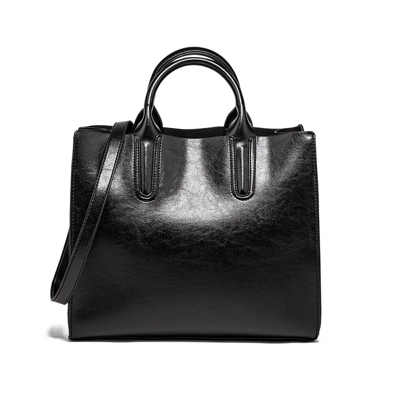 

2021 Brown Black Red Ladies PU Leather Oil Wax Texture Portable Handbag Wholesale Tote Bag Customize Shoulder Women Tote Handbag