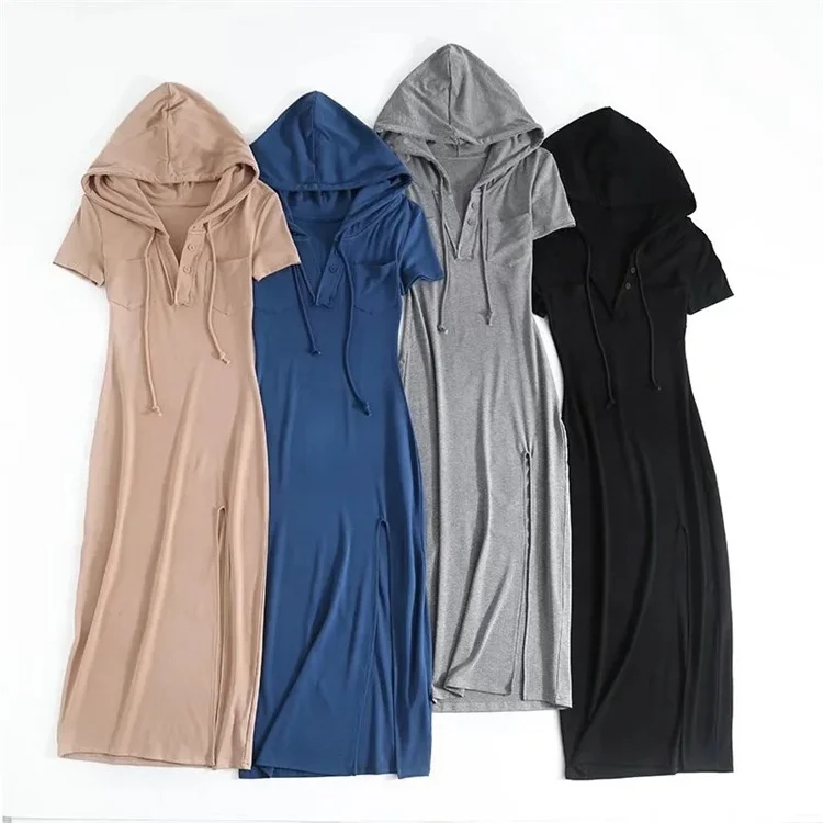 Trendy Shirt Dress Style Drawstring Hooded Knee Length Long Loose Short Sleeve High Slit Sexy Casual Dresses with Pocket
Trendy Shirt Dress Style Drawstring Hooded Knee Length Long Loose Short Sleeve High Slit Sexy Casual Dresses with Pocket
