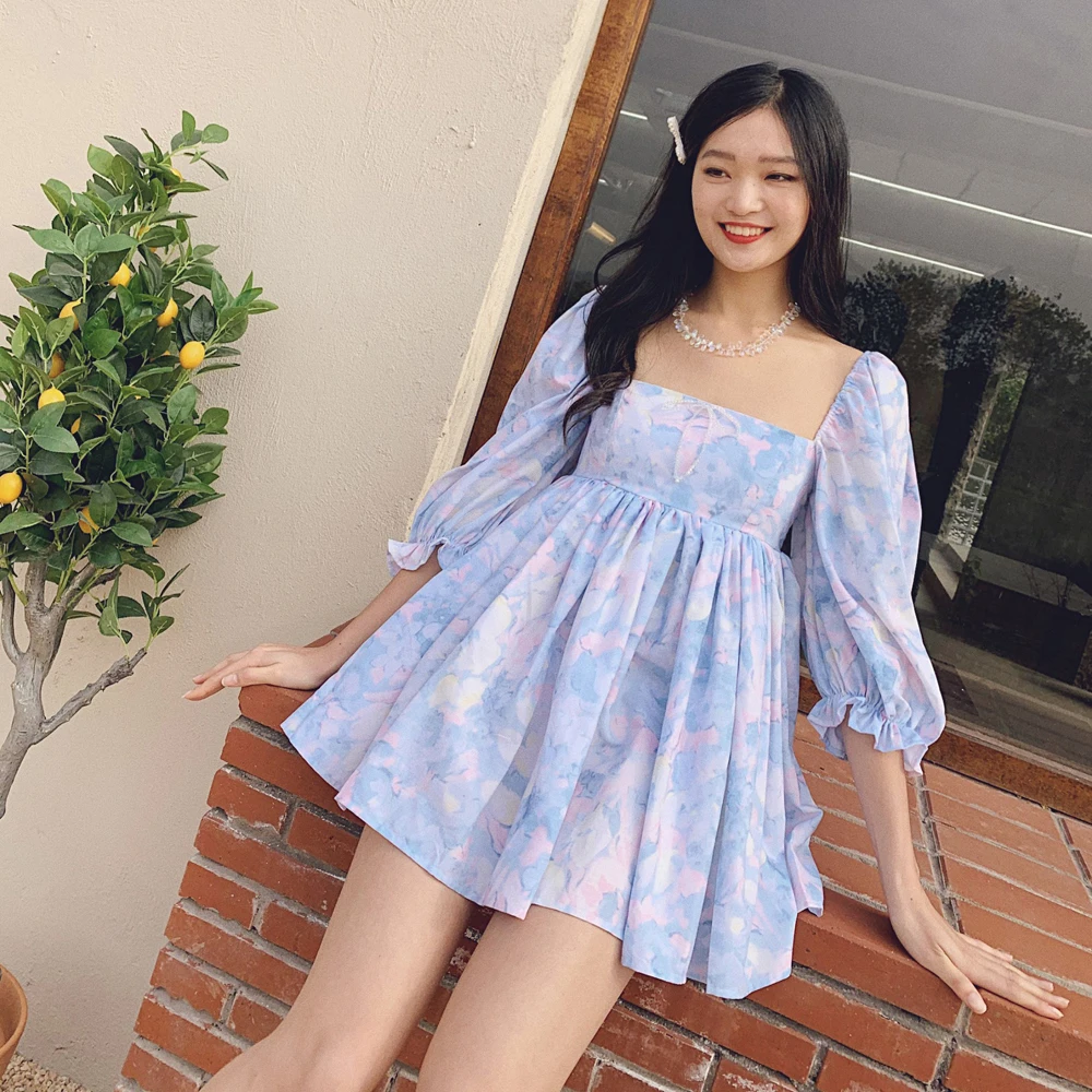 Women Spring Square Neck Floral Long Sleeve Summer Blue High Waist Woman Casual Mini Dress
Women Spring Square Neck Floral Long Sleeve Summer Blue High Waist Woman Casual Mini Dress