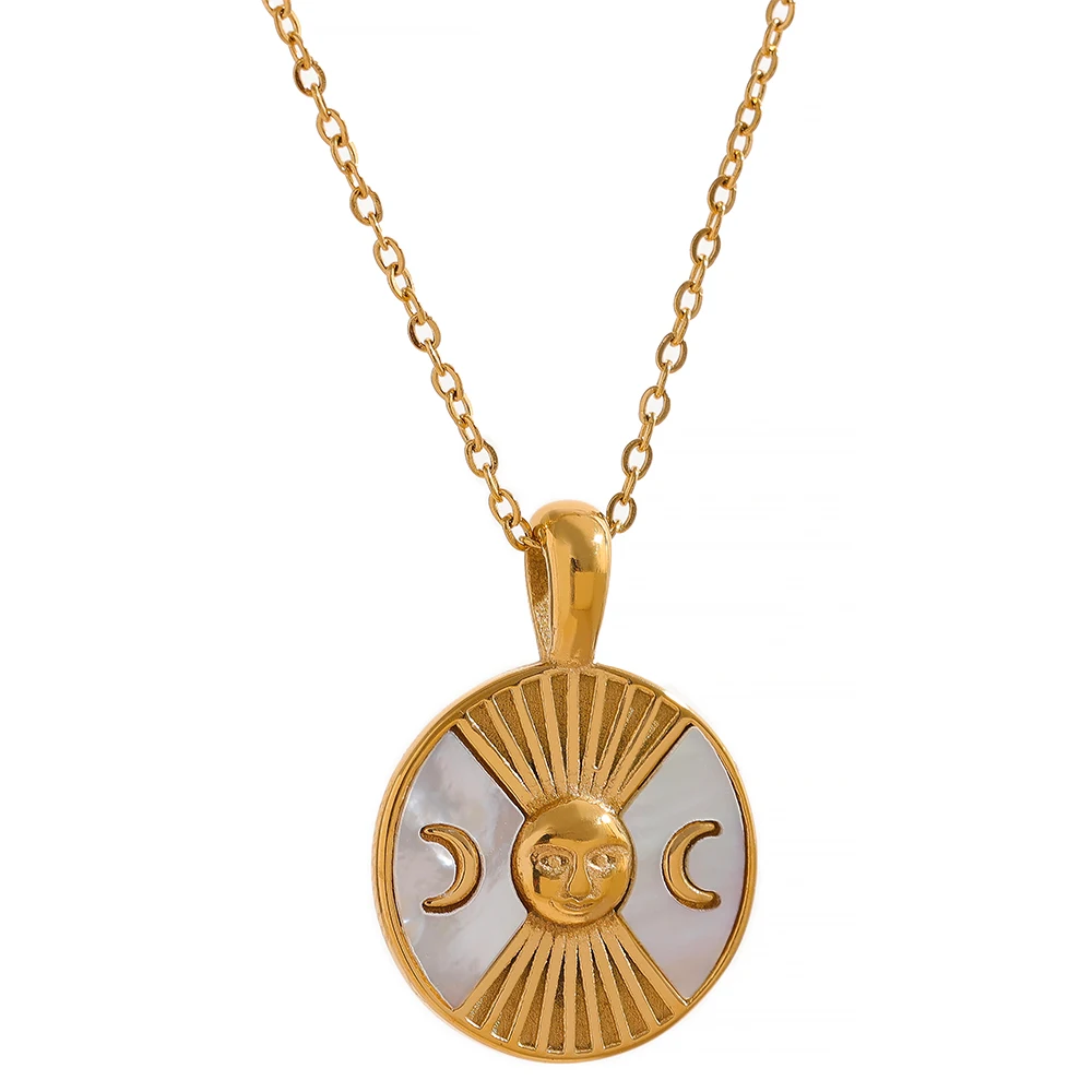 JINYOU Vintage Sun Moon Shell Round Pendant Stainless Steel Necklace 18K Gold Plated Fashion Mysterious Jewelry Women Charm
JINYOU Vintage Sun Moon Shell Round Pendant Stainless Steel Necklace 18K Gold Plated Fashion Mysterious Jewelry Women Charm