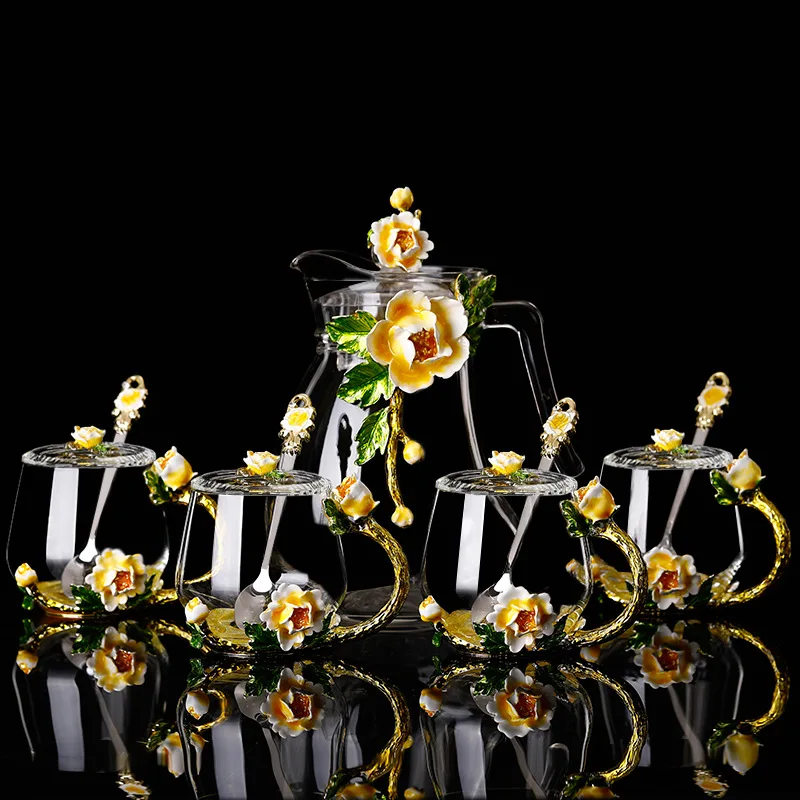 home drinkware office water kettle tea set enamel glass coffee water pot cup spoon sets with gift box packing, Transparent 
home drinkware office water kettle tea set enamel glass coffee water pot cup spoon sets with gift box packing, Transparent