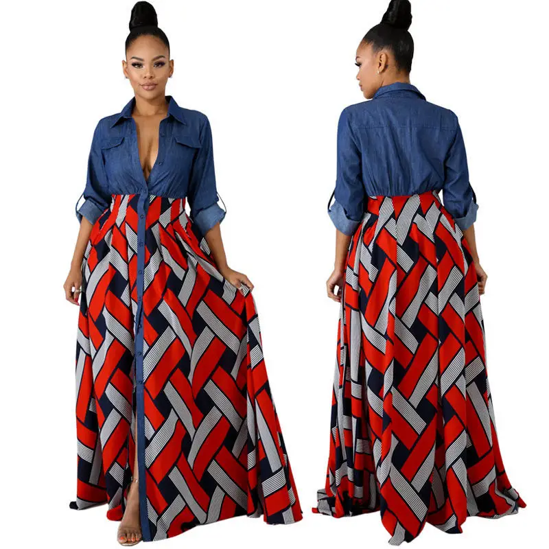 High quality denim spliced design kitenge maxi dress long sleeve tatting printed long dress, Yellow red or customized
High quality denim spliced design kitenge maxi dress long sleeve tatting printed long dress, Yellow red or customized
