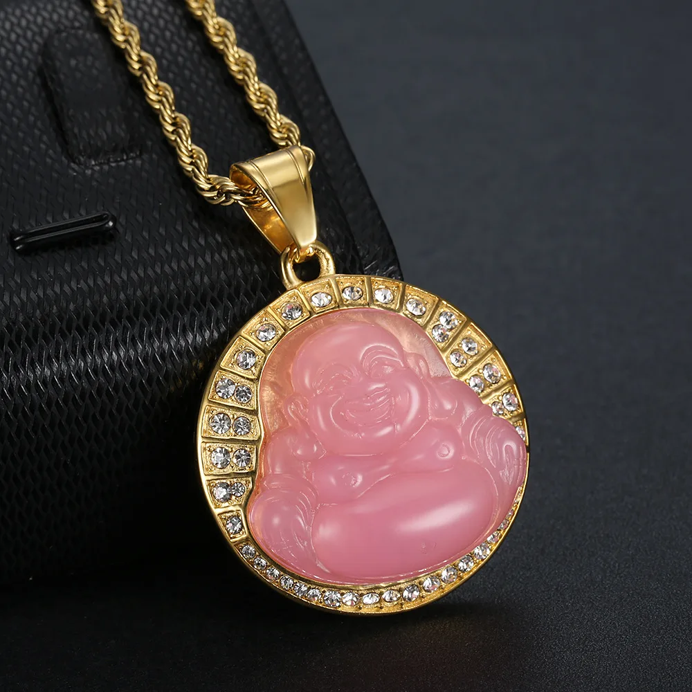 

Buddhism Jewelry Hip Hops Micro Pave Crystal Round Disc Laughing Buddha Pendant Necklace Colorful Jade Maitreya Buddha Necklace